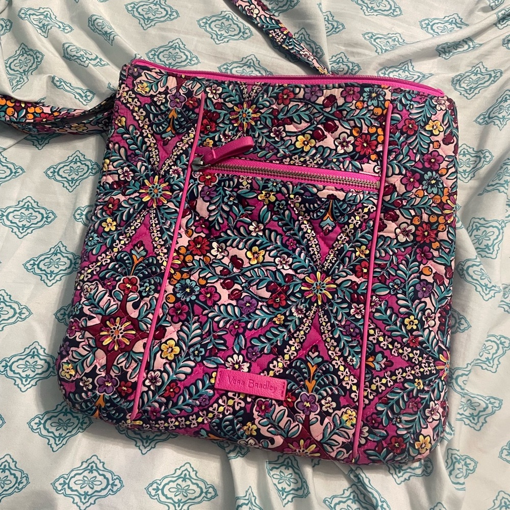 Vera Bradley Pink Floral Quilted Crossbody with Teal & Yellow Accents